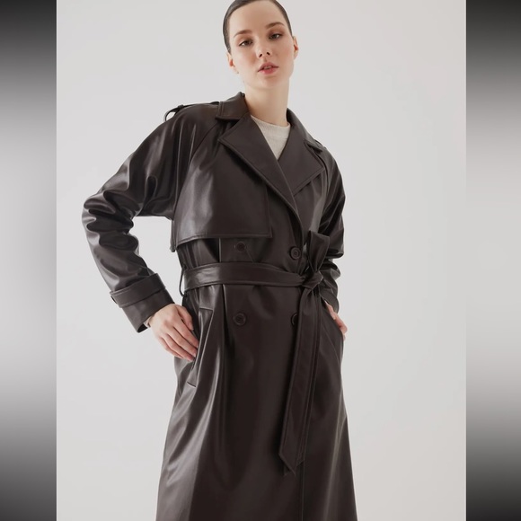 63 Fabulous Brown Detailed Vegan Leather Trench Coat - Picture 4 of 5